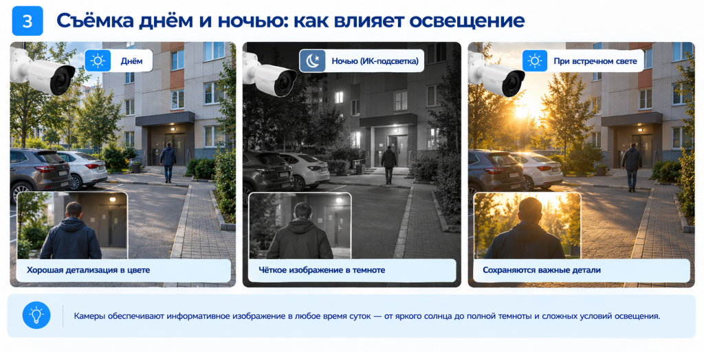 Съёмка днём и ночью — как влияет освещение Сравнение съемки уличной камеры днем, ночью с ИК-подсветкой и при встречном свете